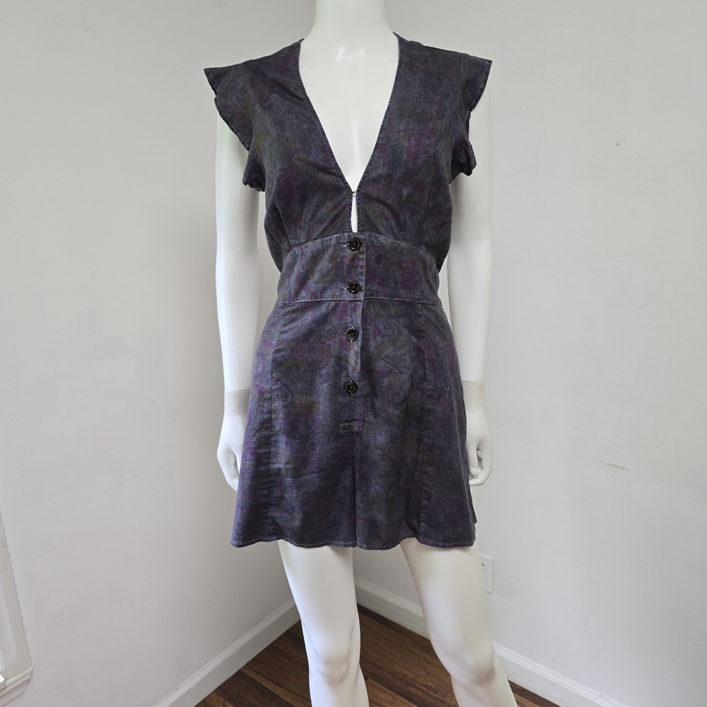 Marine Layer Camila Romper Floral Purple Floral Belted Size M Sleeveless Ruffle